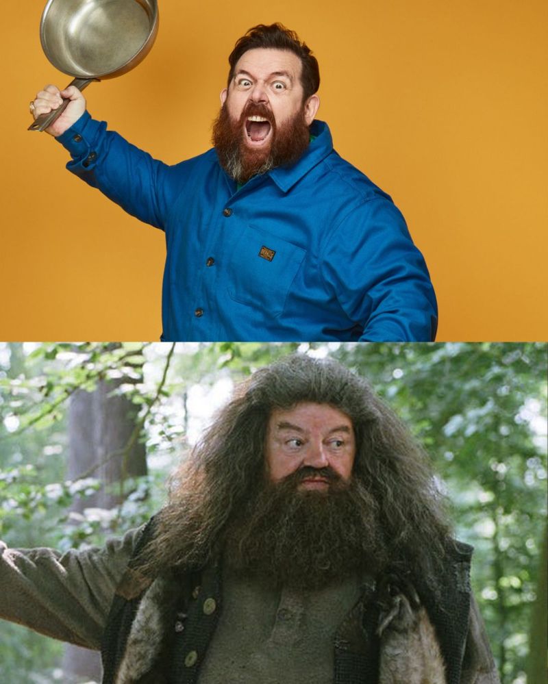 Split image featuring a man in a blue shirt holding a frying pan and shouting against a yellow background, alongside a shot of a bearded man in a forest setting portraying a character with a similar appearance to Rubeus Hagrid from Harry Potter.
