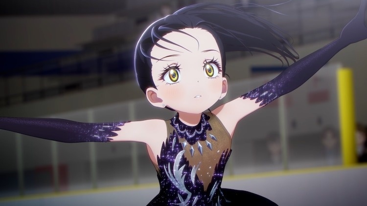 A character in a stunning ice skating costume performs on the rink, focusing intently, with dramatic lighting highlighting her expression.
