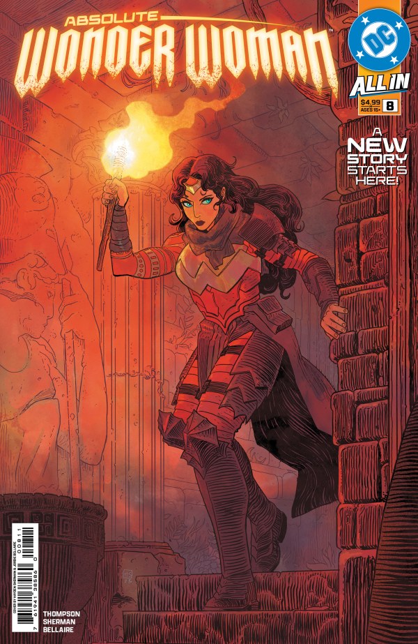 Cover of Absolute Wonder Woman #8 featuring Wonder Woman in a heroic pose, holding a glowing torch while exploring a mysterious environment.