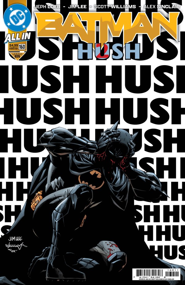 Batman kneeling with a pained expression, surrounded by bold 'HUSH' text in the background, depicting a dark and intense atmosphere.