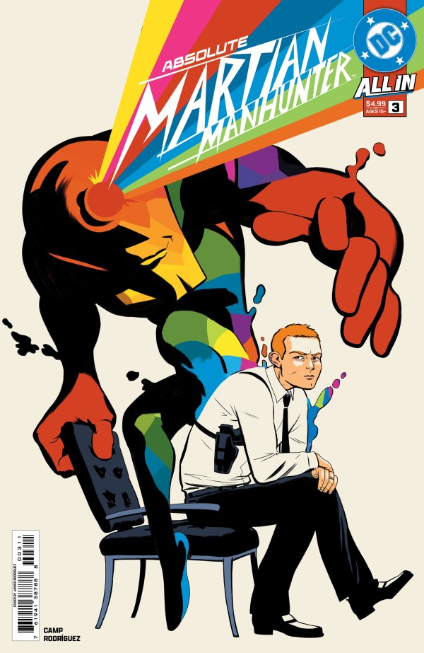 Cover of Absolute Martian Manhunter #3 featuring a colorful depiction of Martian Manhunter and a seated figure in a suit, conveying a mix of mystery and character depth.