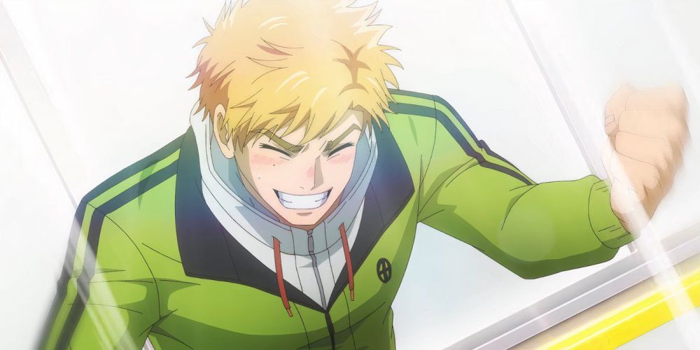 A character with blonde spiky hair and a green jacket is smiling enthusiastically, showing excitement and determination, possibly in an ice rink setting.