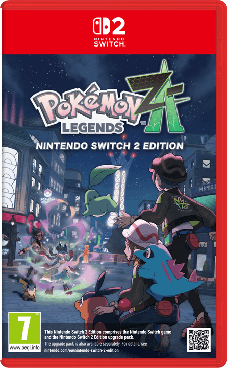 Cover art for Pokémon Legends: Z-A Nintendo Switch 2 Edition, featuring main characters mid-battle against a Mega-Evolved Pokémon in a futuristic Lumiose City.