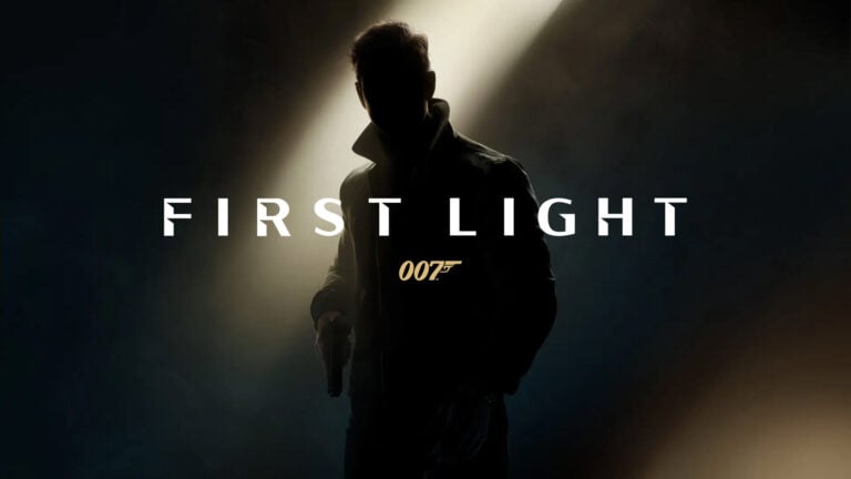 Silhouette of a figure in a trench coat holding a pistol, framed by beams of light, with the text 'FIRST LIGHT' and the 007 logo below.