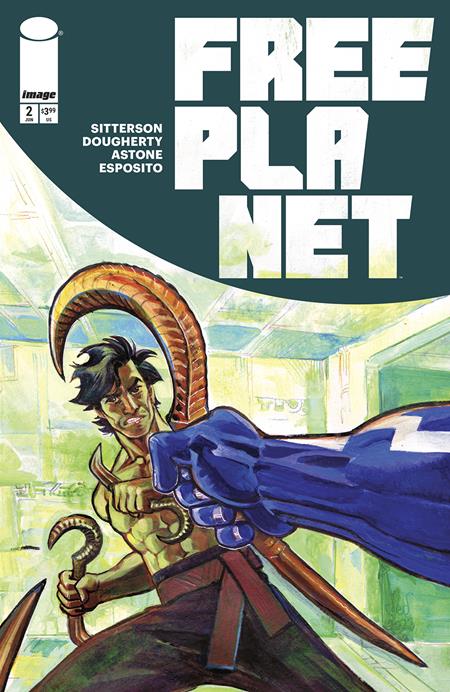 Cover art for 'Free Planet #2' featuring a young man with an intricate weapon facing a large blue fist, set against a colorful, stylized background.