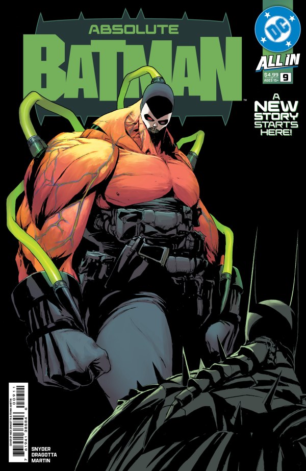 Cover of Absolute Batman #9 featuring a menacing Bane with muscular arms and a gas mask, standing over a shadowy figure of Batman.