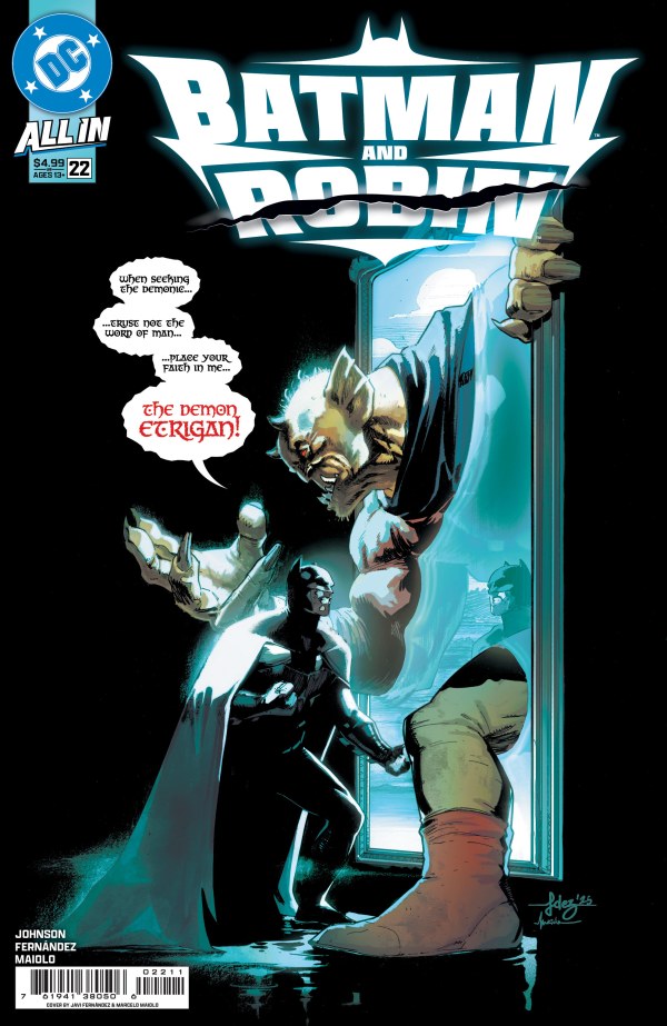 Cover of Batman and Robin #22 featuring Batman confronting the demon Etrigan in a dark, eerie setting with dialogue bubbles.
