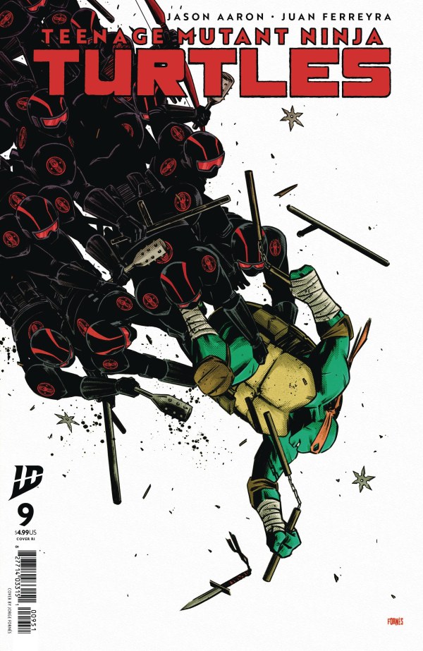 Cover image of Teenage Mutant Ninja Turtles #9 featuring Donatello confronted by multiple members of the Foot Clan, showcasing an intense battle scene with a prominent green turtle and red-masked enemies.