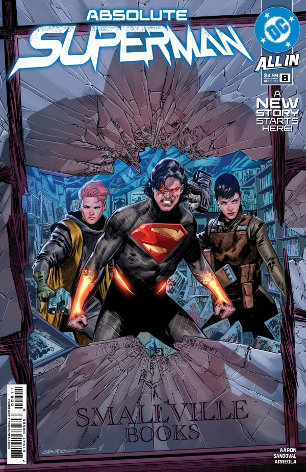 Cover of Absolute Superman #8 featuring three characters breaking through a wall of books, with the title prominently displayed.