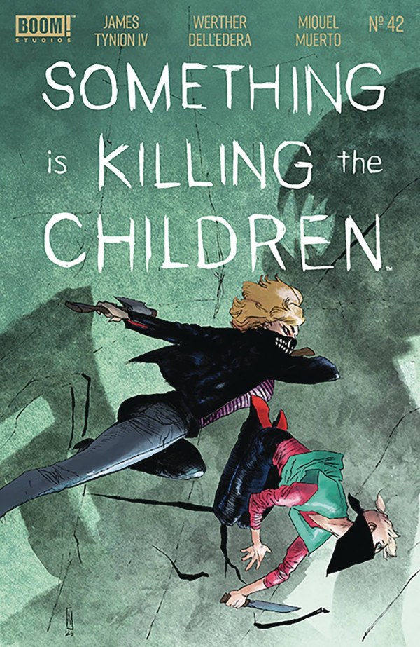 Cover art for 'Something Is Killing the Children #42', featuring a dramatic scene of two characters in combat, with one wielding a weapon and the other appearing to evade an attack, against a textured green background.