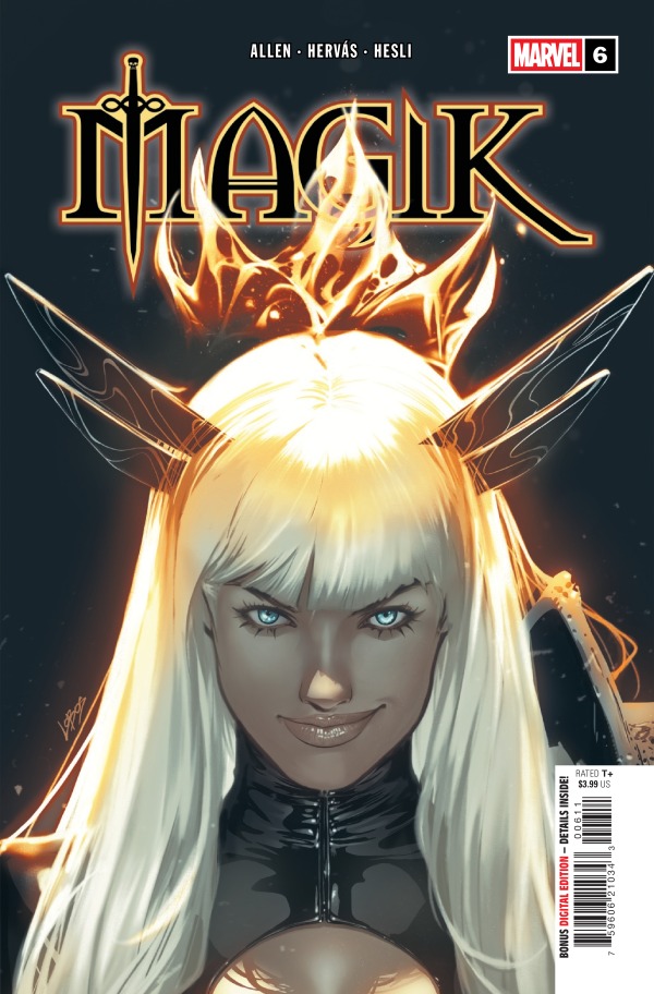 Cover of _Magik #6_, featuring a female character with long white hair, glowing eyes, and a confident smile, adorned with horn-like accessories and a dark outfit.