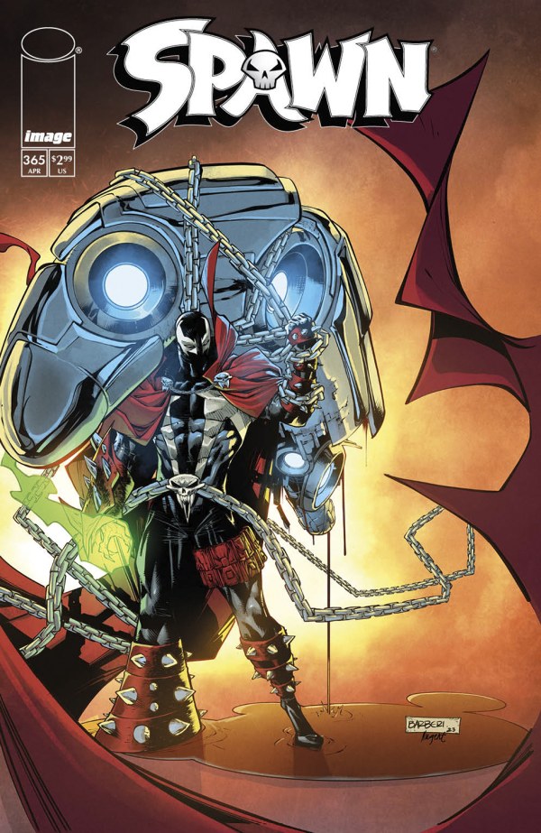 Cover of Spawn #365 featuring the titular character, Spawn, standing in a dramatic pose with chains and a menacing background, showcasing a blend of dark and vibrant colors.