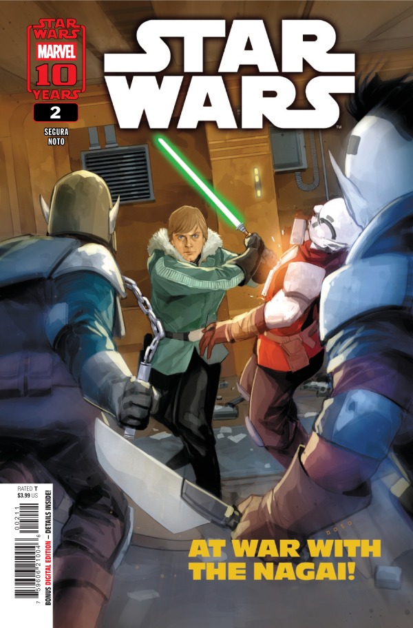 Cover of Star Wars #2 featuring Luke Skywalker wielding a green lightsaber, engaged in battle with the Nagai, with dramatic expressions and action poses.