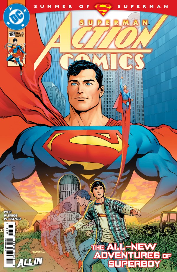 Cover of Action Comics #1087 featuring Superman and a young Clark Kent on the Kent Farm, showcasing themes of heroism and early adventures.