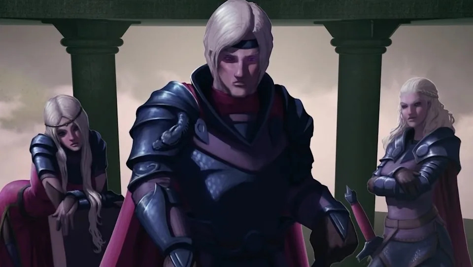 Three characters in fantasy armor stand in a dramatic pose, with one male figure in the foreground looking serious and two female figures behind him showing varied expressions of concern and defiance.