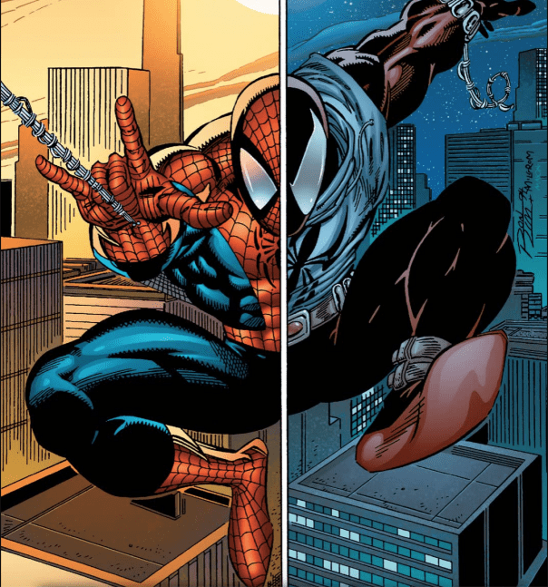 A split image featuring two Spider-Man characters side by side. On the left, the classic Spider-Man in a red and blue suit, crouching while shooting web from his hand. On the right, a darker version of Spider-Man in a black suit, posed majestically against a city skyline at night.