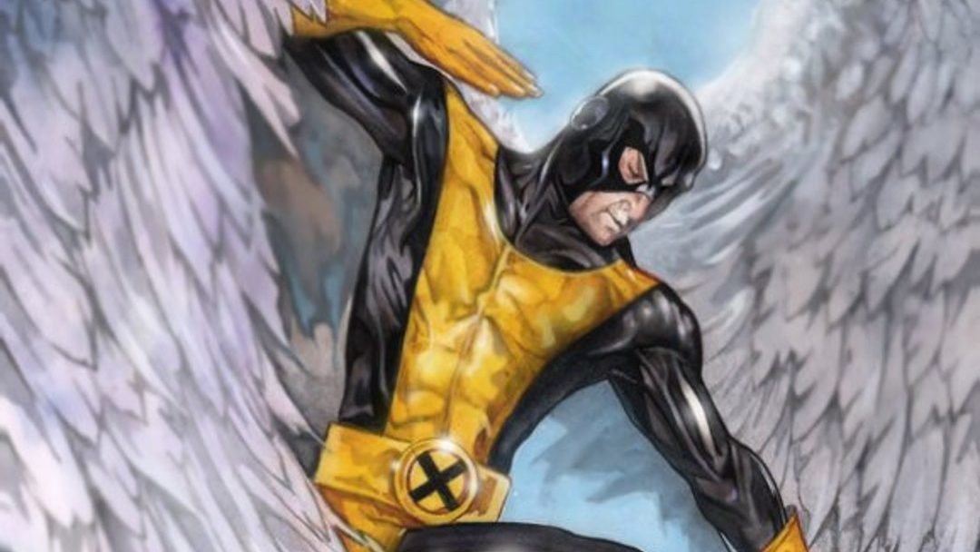 A superhero in a black and yellow costume, striking a dynamic pose with large white wings in the background.