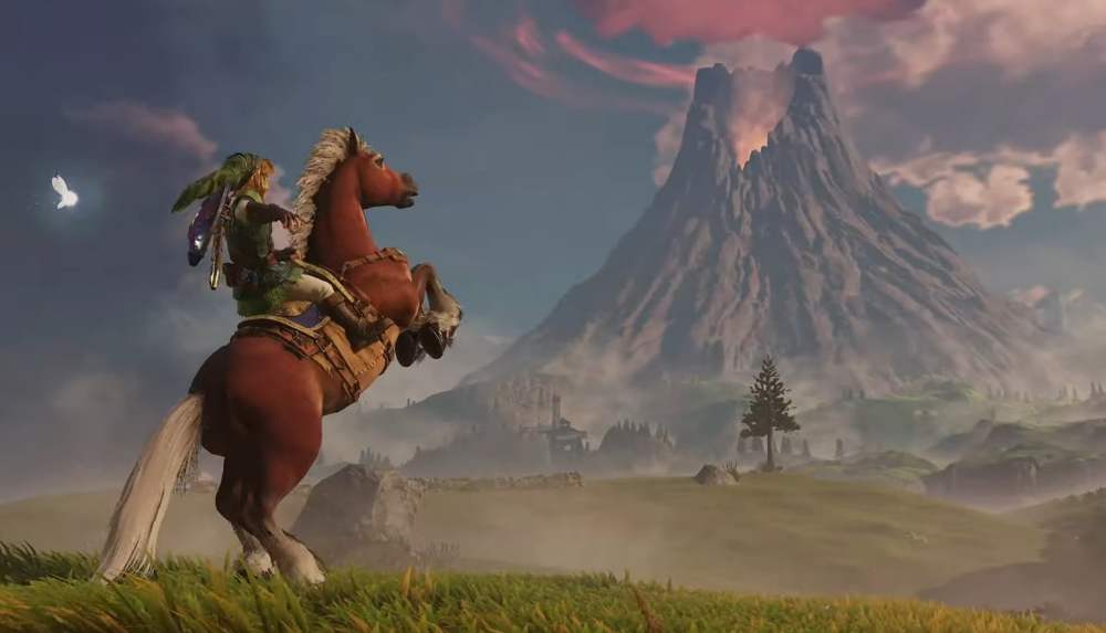 A character dressed in green riding a brown horse in a scenic landscape featuring a distant volcano and a dramatic sky.