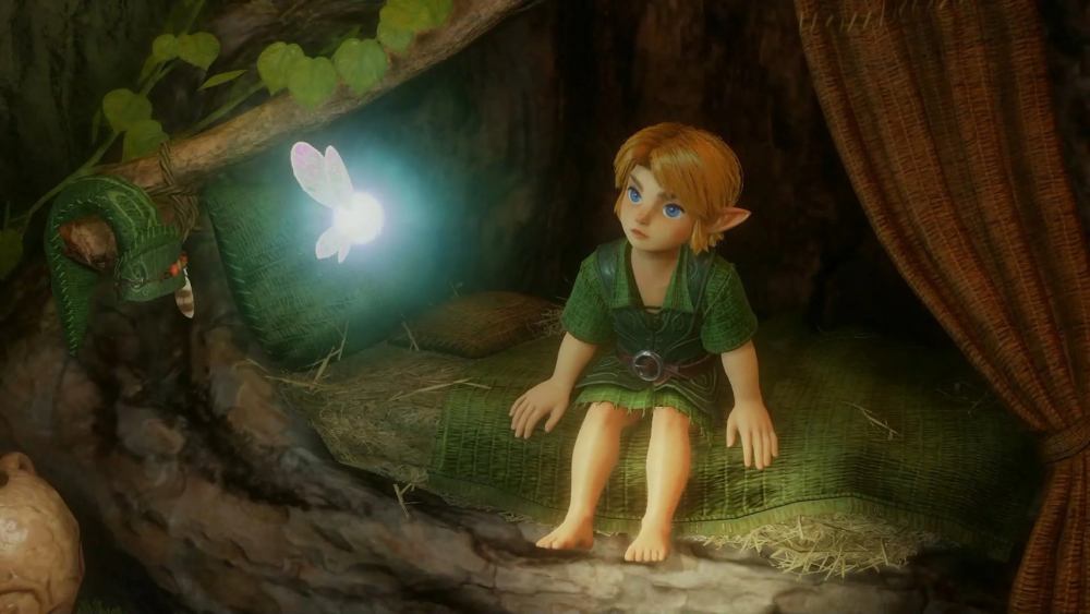 A young character with pointed ears sitting on a green bed made of leaves, looking curiously at a glowing fairy hovering nearby in a cozy, natural setting.