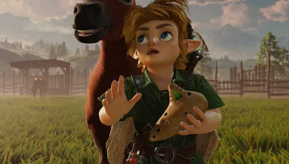 A young elven boy with blonde hair holds a musical ocarina while standing in a grassy field next to a brown horse, set against a scenic backdrop of mountains and a farm.