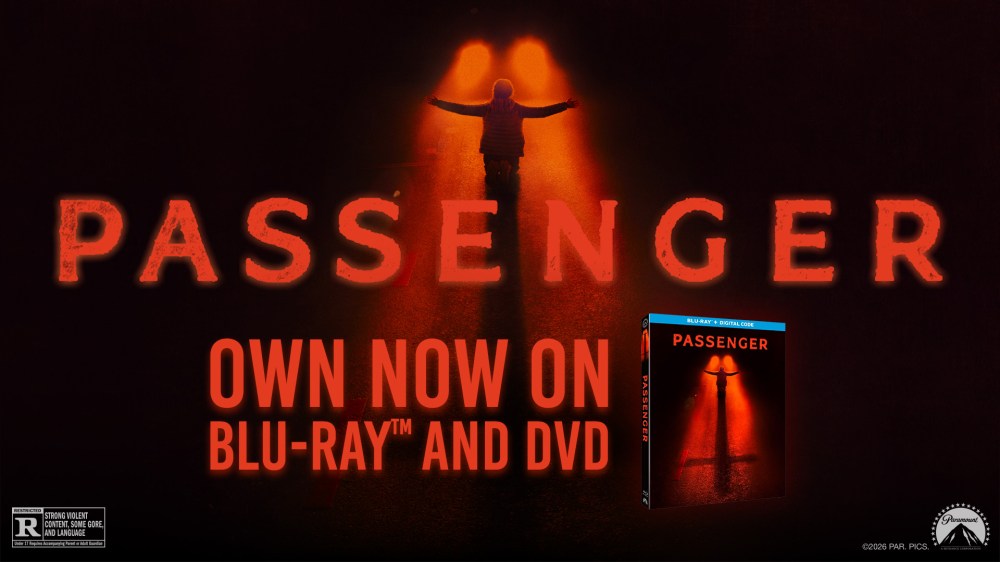 Promotional image for the movie 'Passenger' featuring a silhouetted figure on a dark road with glowing lights, alongside a Blu-ray and DVD package, with text indicating it is available now.