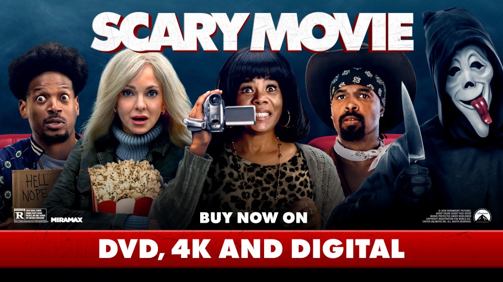 Promotional image for the film 'Scary Movie' featuring four characters reacting to a scary situation, along with text promoting the availability of the movie on DVD, 4K, and digital formats.