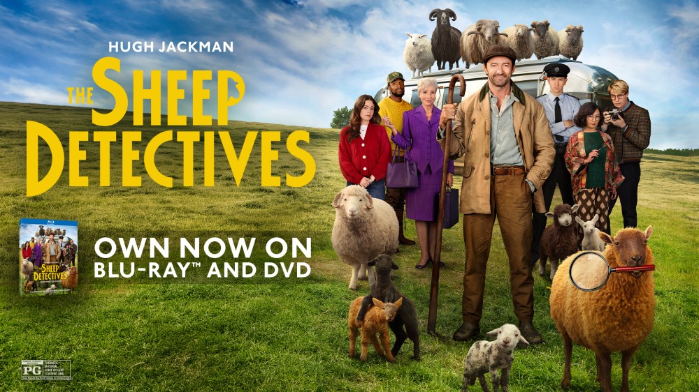 Promotional poster for 'The Sheep Detectives' featuring Hugh Jackman surrounded by a group of characters and various sheep and dogs in a grassy field.