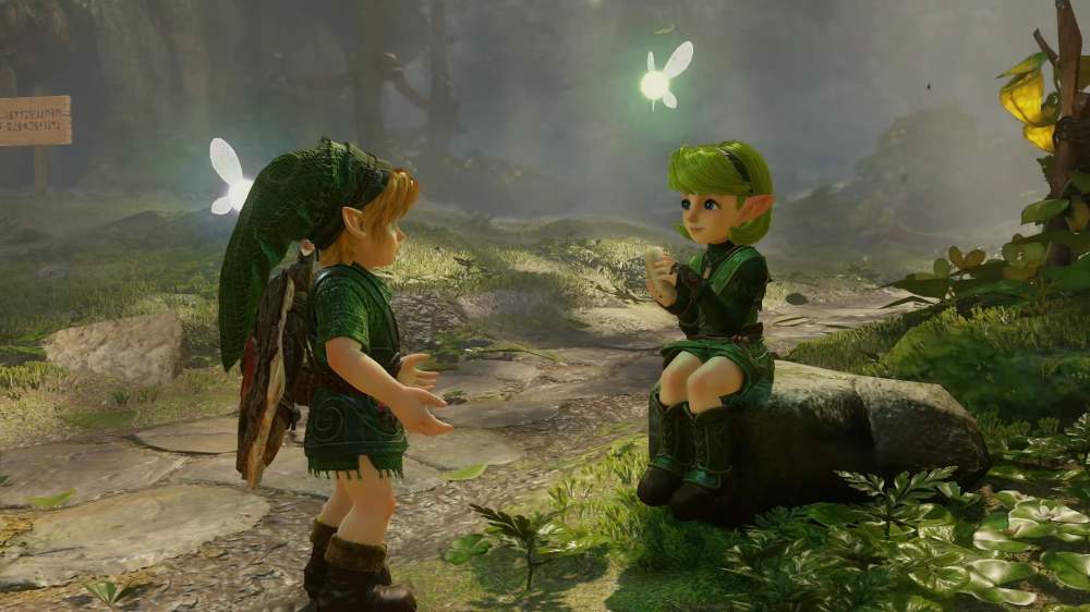 Two whimsical characters, one standing and one sitting on a rock, in a lush forest setting, surrounded by glowing fairies.