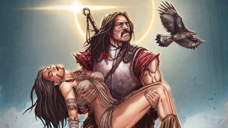 A muscular warrior holding a woman in a dramatic pose, with a bird flying overhead and a glowing halo in the background.