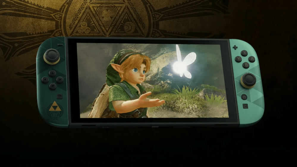 A Nintendo Switch console displaying a scene from a video game featuring a character with pointy ears and a fairy hovering above a forest background.