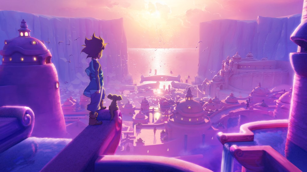 A character stands on a cliff overlooking a vibrant, fantastical city at sunset, with domed buildings and flowing water in the foreground.