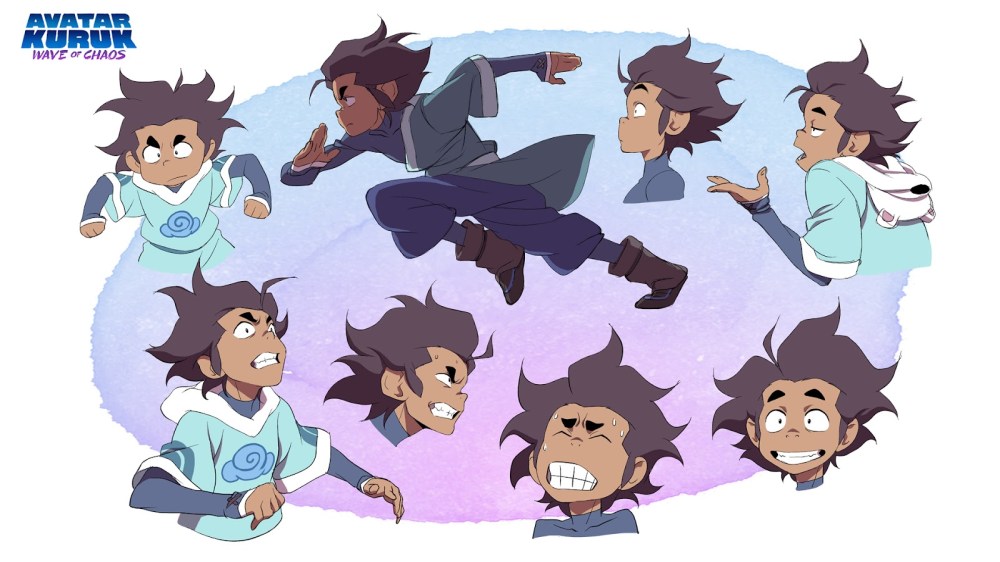 Character design sheet featuring a young male character with spiky hair, showcasing various facial expressions and poses in a stylized format.