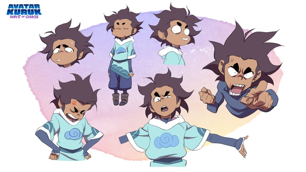 Character design sheet featuring various expressions and poses of a young animated character from 'Avatar: Kuruk - Wave of Chaos'.