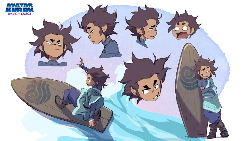 Character design sheet featuring an animated boy with spiky hair in various expressions, surfing on a board with a water symbol.