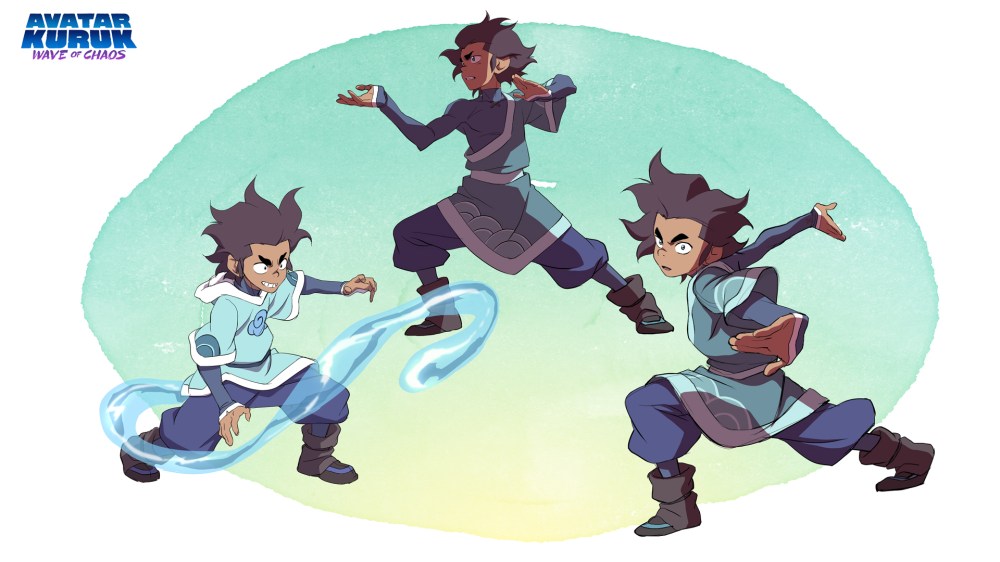 Three animated characters in dynamic poses, showcasing waterbending abilities in a colorful background. The characters are wearing traditional waterbending attire with various shades of blue.