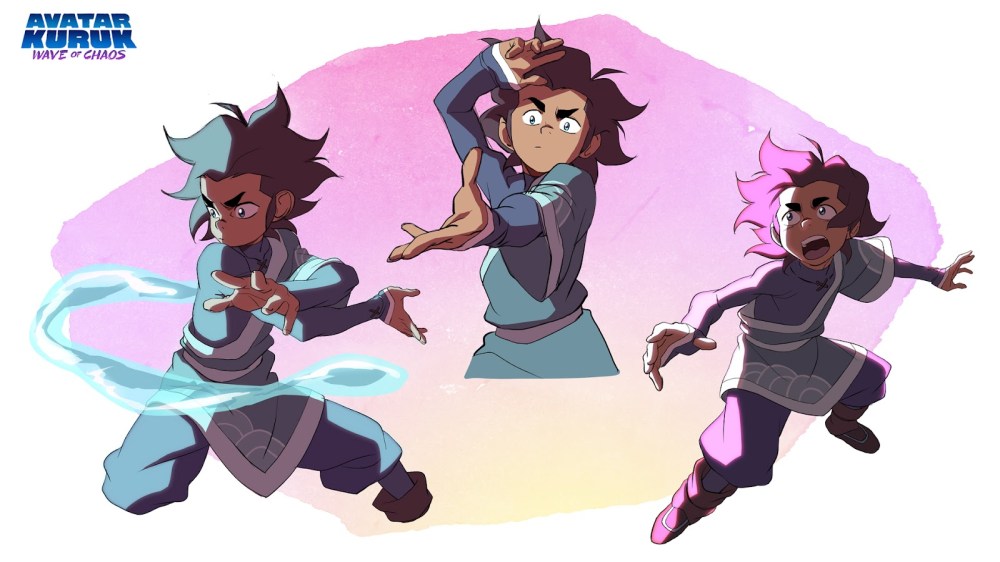 Three stylized animated characters showcasing different airbending poses, with one character creating a swirling air effect and another displaying a focused expression. The background features a gradient of pink and purple hues.