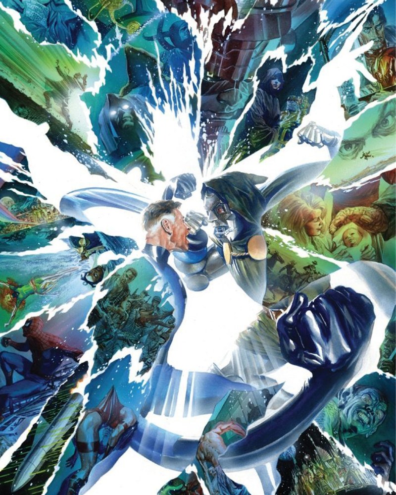 A dramatic comic book illustration depicting a fierce battle between two superheroes, surrounded by various iconic comic elements and characters, with vibrant colors and dynamic action.