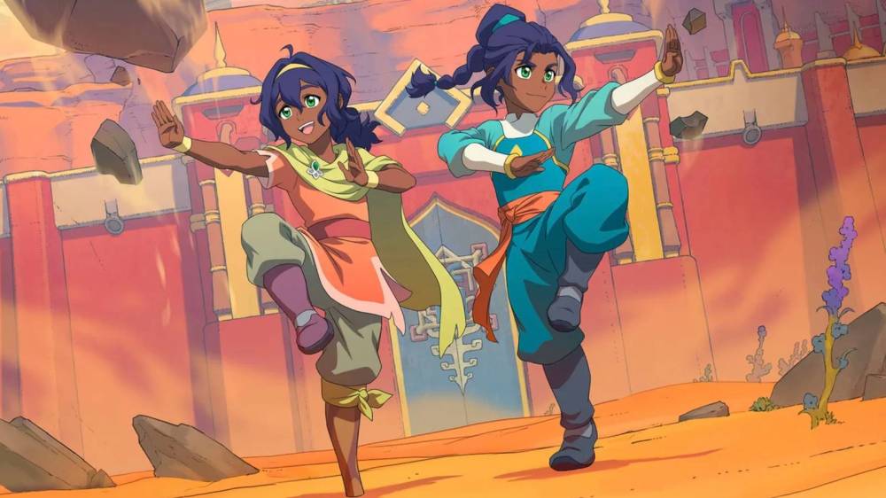 Two animated characters in a desert landscape, performing dynamic poses and wearing colorful outfits, with a stylized ancient building in the background.