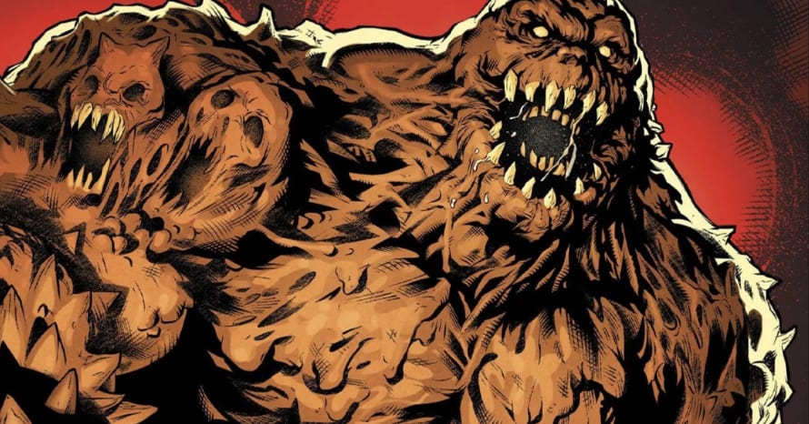 An illustration of a monstrous creature with a muscular build, brown textured skin, sharp claws, and fang-filled mouths, set against a red background.