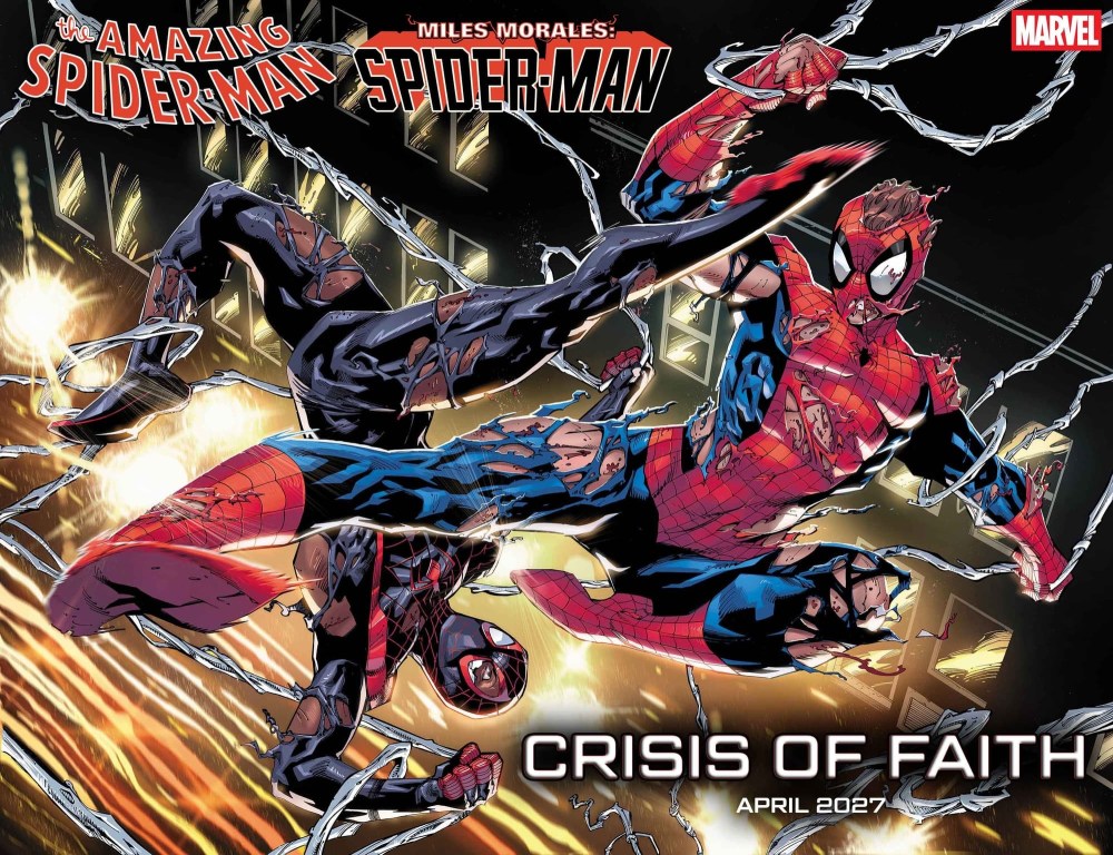 Comic book cover featuring two Spider-Men, one in a red and blue suit and the other in a darker suit, surrounded by shattered glass and webs. The title reads 'Crisis of Faith' with a date of April 2027.