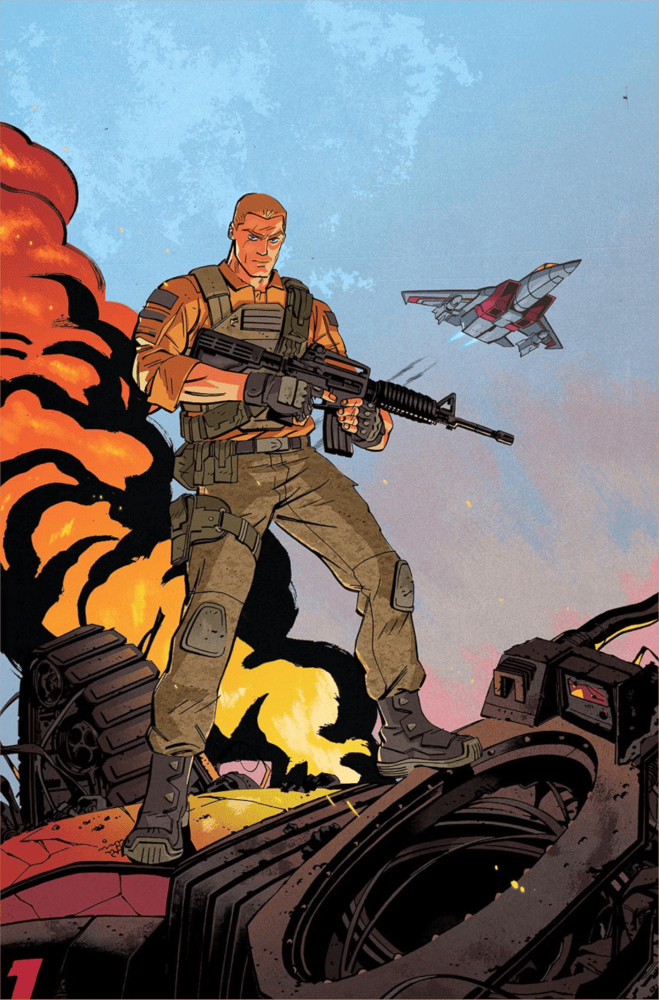 An armed soldier stands confidently on a destroyed vehicle, with explosions and smoke in the background, while a fighter jet flies above.