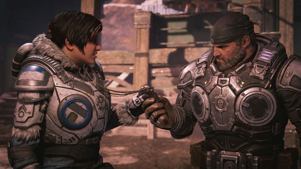 A close-up scene depicting two characters in armored outfits sharing a fist bump, set against a backdrop of a rundown building.