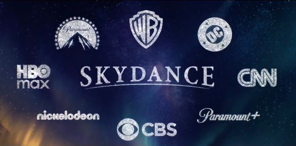 Logos of various entertainment companies, including Paramount, Warner Bros, DC, Skydance, CNN, HBO Max, Nickelodeon, CBS, and Paramount+, set against a cosmic background.