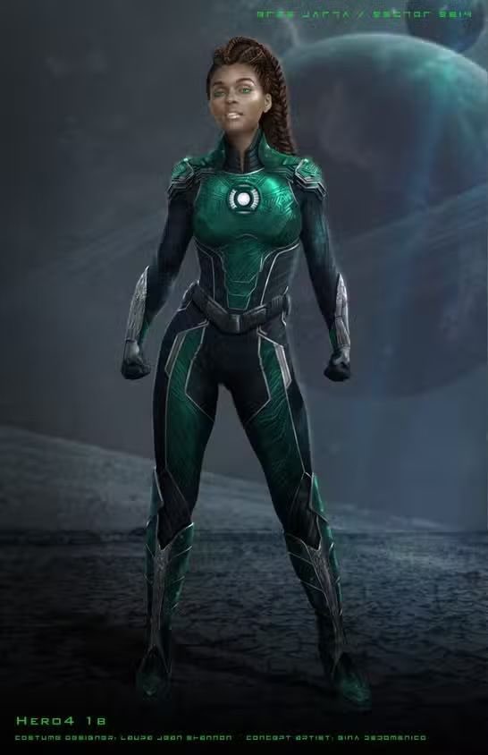 A female superhero character wearing a green and black suit inspired by a space theme, standing confidently against a cosmic background with a planet visible.