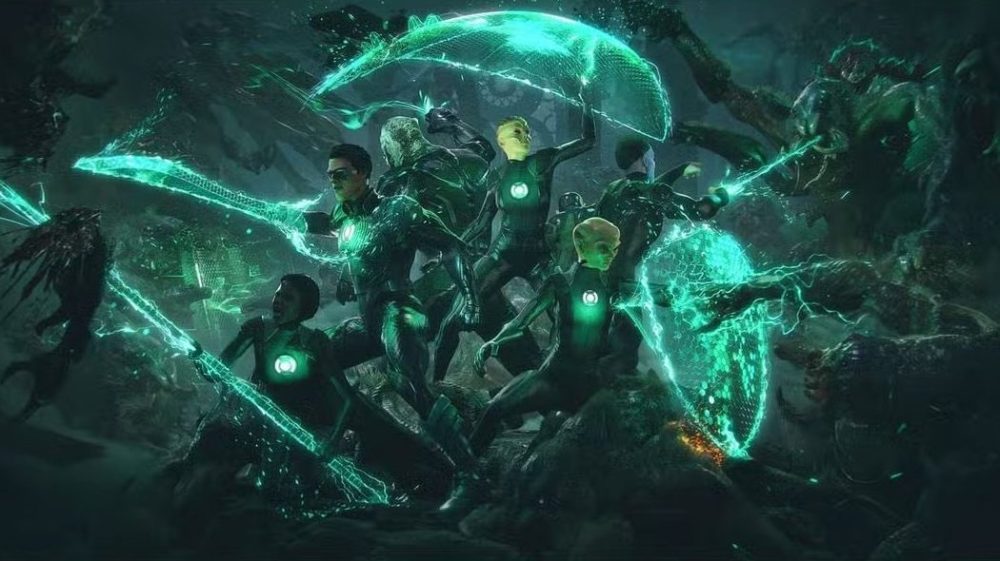 A group of heroes wearing green suits with glowing symbols are engaged in battle against monstrous creatures in a dark, mystical environment. They wield energy weapons and shields, displaying a powerful and dynamic scene.