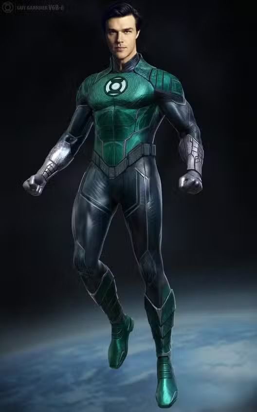 A superhero character dressed in a green and black suit with a green lantern emblem, posed confidently in front of a dark background.