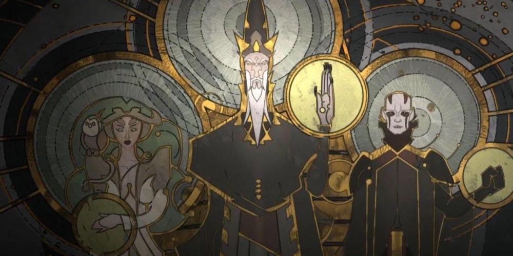 Three stylized figures representing deities or mythical beings, each with unique features and symbols, set against a decorative background with circular patterns and metallic accents.