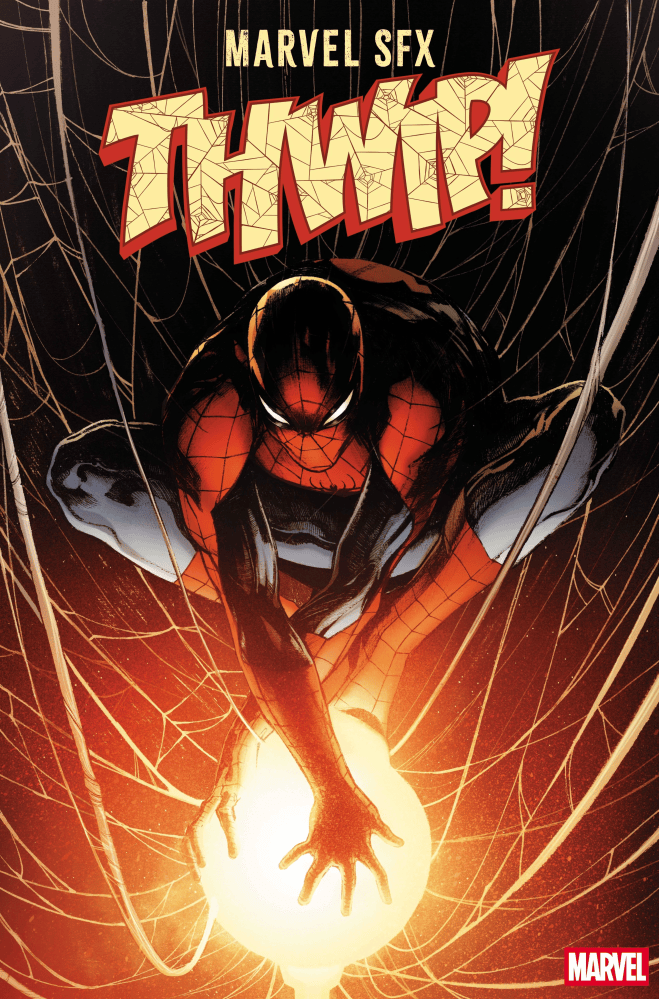 Comic cover featuring a stylized Spider-Man in action, prominently displaying the text 'THWIP!' in a dynamic font, with webbing and a glowing orb in the foreground.