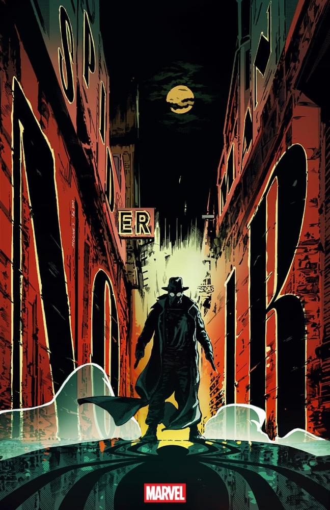 A mysterious figure in a long coat and fedora stands in a dimly lit alley, with a stylized full moon and dramatic shadows, showcasing a noir theme.