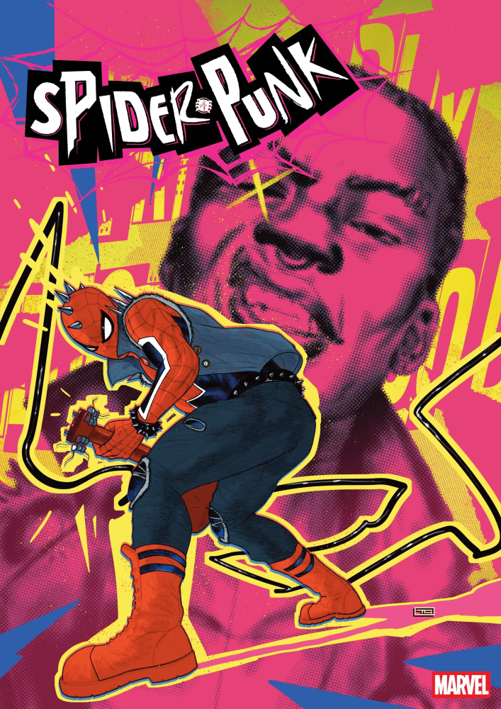 Illustration of Spider-Punk, a stylized, punk-inspired version of Spider-Man, in a dynamic pose holding a weapon. The background features vibrant colors, patterns, and the title 'Spider-Punk' prominently displayed.